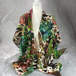 Chico's Kimono Wrap Womens One Size Multicolor Linen Swim Cover Floral Print